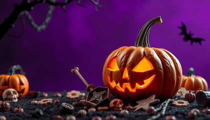 Festive Halloween scene with carved pumpkin and spooky decorations for autumn celebration fun Generative AI