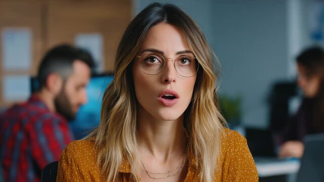 Young woman with glasses and blonde hair wearing mustard shirt shows thoughtful, pessimistic outlook office environment with