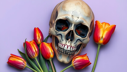 Colorful skull surrounded by vibrant orange and yellow tulips on a soft purple background creates a striking artistic scene Generative AI