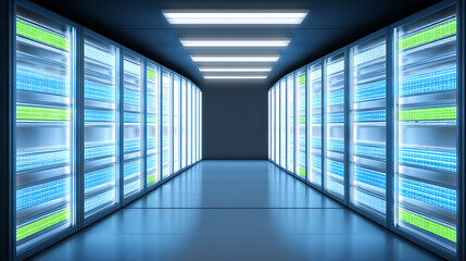 Interior view of a modern data center with rows of illuminated server racks and blue lighting