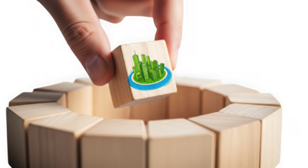 Hand placing a wooden block with a green city icon into a circular structure, isolated on transparent background