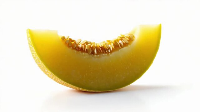 A curved wedge of yellow melon with seeds in the center on a white background.