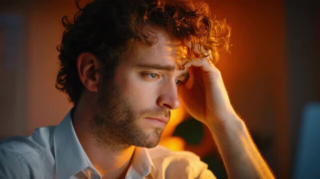 Young man with curly hair feeling thoughtful and worried, showing pessimistic outlook while resting head hand warm indoor lighting