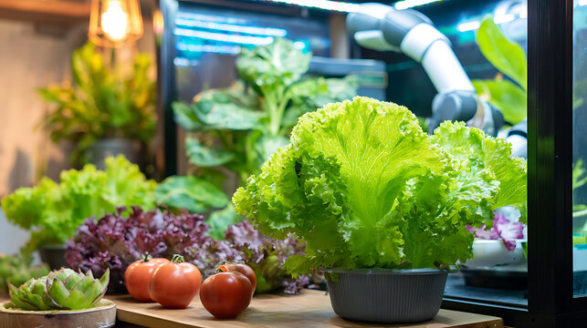 Fresh lettuce and tomatoes displayed in an indoor hydroponic garden setup with automated growing equipment.