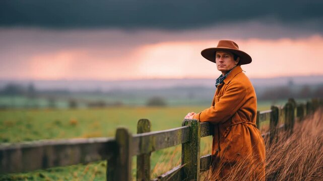 Man wearing brown coat and hat leans wooden fence moody rural landscape dusk watching cloudy sunset sky with pessimistic outlook