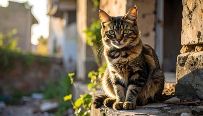 A beautiful tabby cat sits gracefully in the ruins of an old building, basking in the golden sunlight with an alert expression