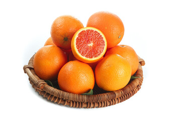 Fresh Blood Oranges in Wicker Basket on White Background - Citrus Fruit Still Life