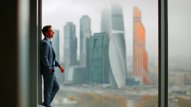 Thoughtful businessman suit stands by window overlooking rainy city skyline with modern skyscraper, reflecting pessimistic