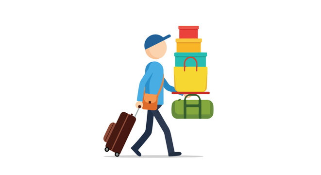 Stylized illustration of a man carrying an excessive amount of luggage and bags while walking to destination