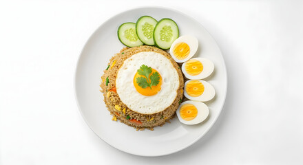 Classic Fried Rice with Sunny Side Up and Boiled Eggs, Fresh Cucumber, and Cilantro on White
