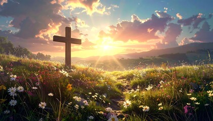 Serene vista featuring a wooden cross on a flowery meadow bathed in warm sunlight. Rolling hills and a brilliant sunset enhance this peaceful scene