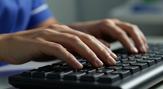 Close-up of a person's hands typing on a black computer keyboard, wearing a blue uniform, likely in an office or medical setting.