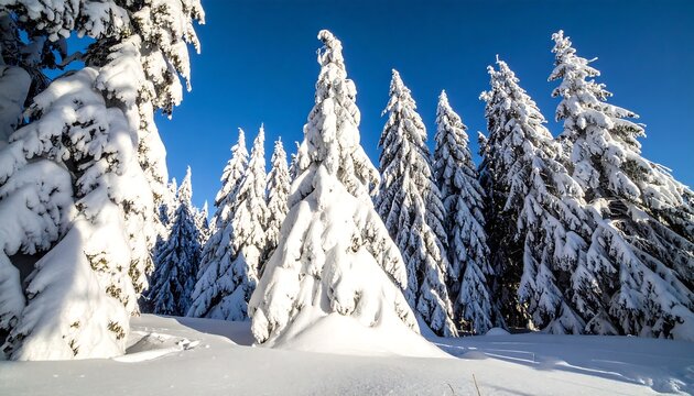 Snowy pine trees under a clear blue sky
