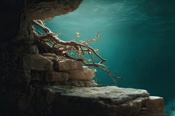 Underwater stone wall, roots, light