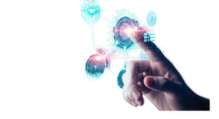 Hand touching a futuristic holographic interface displaying interconnected digital elements and data, isolated on transparent background