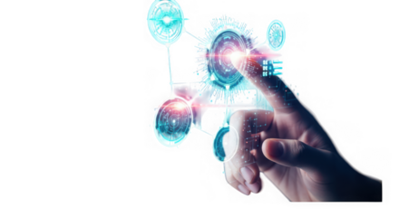 Hand touching a futuristic holographic interface displaying interconnected digital elements and data, isolated on transparent background