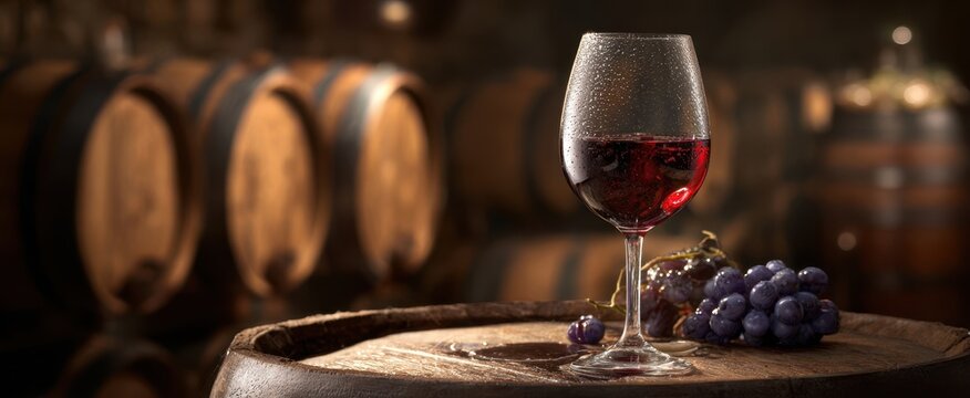 The exquisite red wine glass surrounded by grapes and wooden barrels.