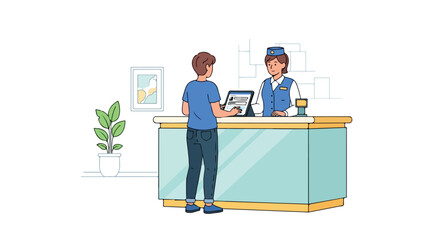 Customer interaction at service desk with tablet and professional attendant assistance scenario