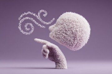 Fuzzy, surreal scene of a textured head shape blowing winds as a hand points upwards. Lavender background. Rendered in soft lighting, creative abstract
