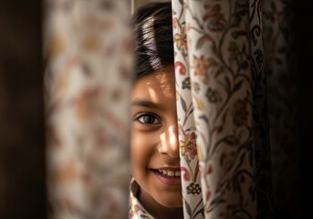 Cheerful Indian child peeking through floral curtains