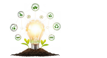 Glowing light bulb with green sprouts and recycling icons, symbolizing ecofriendly energy and innovation, isolated on transparent background