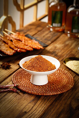 Spicy Chili Seasoning Powder and Hot Grilled Meat Skewers Traditional Asian Cuisine Dipping Sauce Base Setup