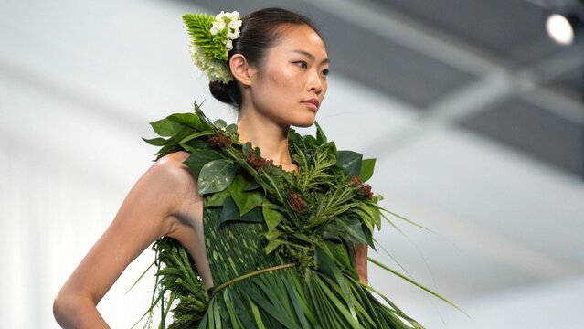 Asian Woman in Futuristic Fashion Outfit Made from Fresh Green Plants and Leaves for Eco Style Concept