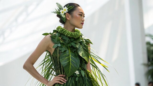 Asian Woman in Futuristic Fashion Outfit Made from Fresh Green Plants and Leaves for Eco Style Concept - Powered by Adobe