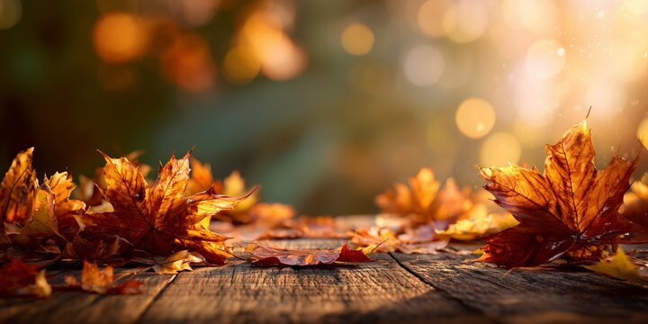 Autumn leaves background with golden bokeh and warm sunlight, seasonal fall nature scene backdrop for product display or photography background