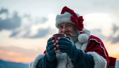 Santa enjoys a warm drink in the evening sky with soft clouds at sunset during the festive holiday season Generative AI