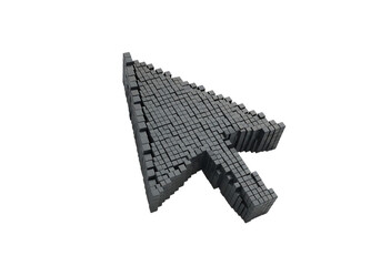 Illustration of a 3d rendered grey pixelated computer mouse cursor arrow, isolated on transparent background on transparent background