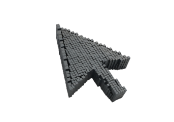 Illustration of a 3d rendered grey pixelated computer mouse cursor arrow, isolated on transparent background on transparent background