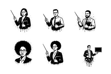 Diverse Teachers Pointing with Pointer Sticks, Black and White