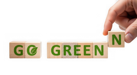 Hand placing a wooden block with the letter n to complete the phrase go green on a transparent background, symbolizing environmental awareness and sustainability
