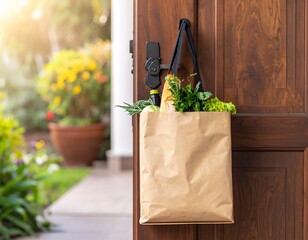 Grocery bag, thermal food delivery bag at customer's door. Online grocery store order, safe contactless delivery to home door. Buying online, e-commerce delivery service, small business.