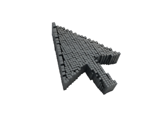 Illustration of a 3d rendered grey pixelated computer mouse cursor arrow, isolated on transparent background on transparent background