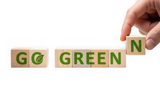 Hand placing a wooden block with the letter n to complete the phrase go green on a transparent background, symbolizing environmental awareness and sustainability