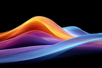 Abstract flowing waves with blended colors; orange, yellow, pink, purple and blue against a black background, creating an illusion of soft, glowing fabric