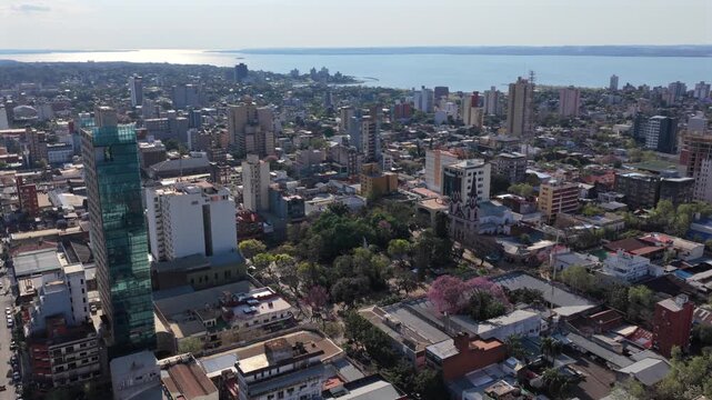 Aerial view of Plaza 9 de Julio with Paran&aacute; River in the background, Posadas, Misiones, Argentina.