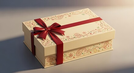 Beige gift box with red ribbon and floral design.