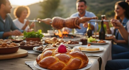 Traditional Easter Dinner: Braided Bread, Red Egg, Outdoor Spit Roast