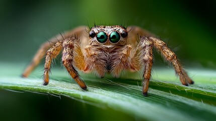 Jumping spider on grass close up