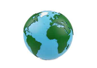 Illustration of a colorful 3d earth globe with blue oceans and green continents isolated on transparent background on transparent background