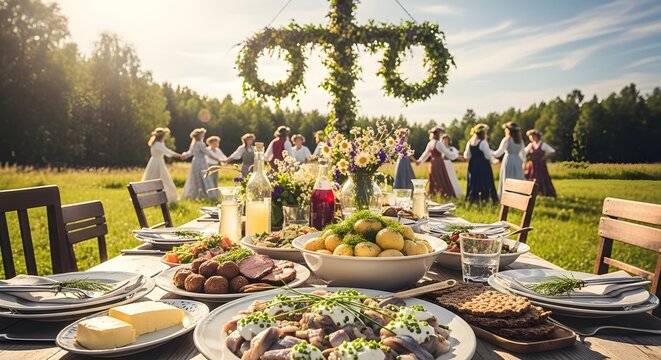 Swedish Midsummer Feast Outdoors with Traditional Dance