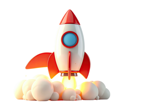 Cartoon rocket launching, bright red and orange, white body, puff clouds of steam