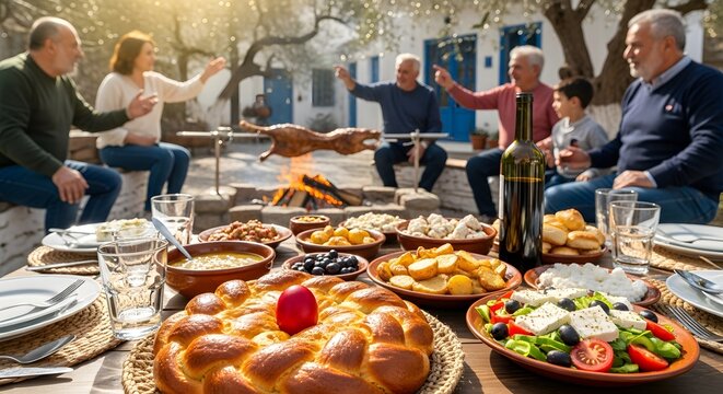 Traditional Greek Easter Feast Outdoors with Family and Lamb Spit Roast