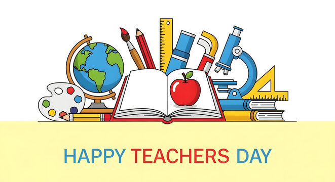 Happy teachers day illustration with open book globe art supplies and microscope celebrating education