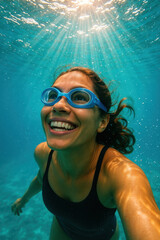 Naklejka premium Underwater Bliss: A vibrant woman, captured mid-swim beneath the radiant sunlight, embodies a feeling of tranquility. Showcasing the perfect underwater moment with her goggles.