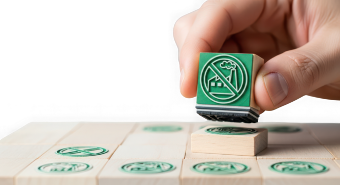 Hand holding a rubber stamp with a no factory symbol, isolated on transparent background