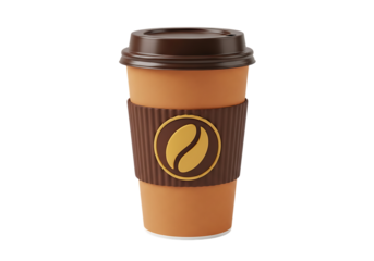 Illustration of a brown disposable coffee cup with a dark brown lid and a ribbed sleeve featuring a coffee bean logo, isolated on transparent background on transparent background